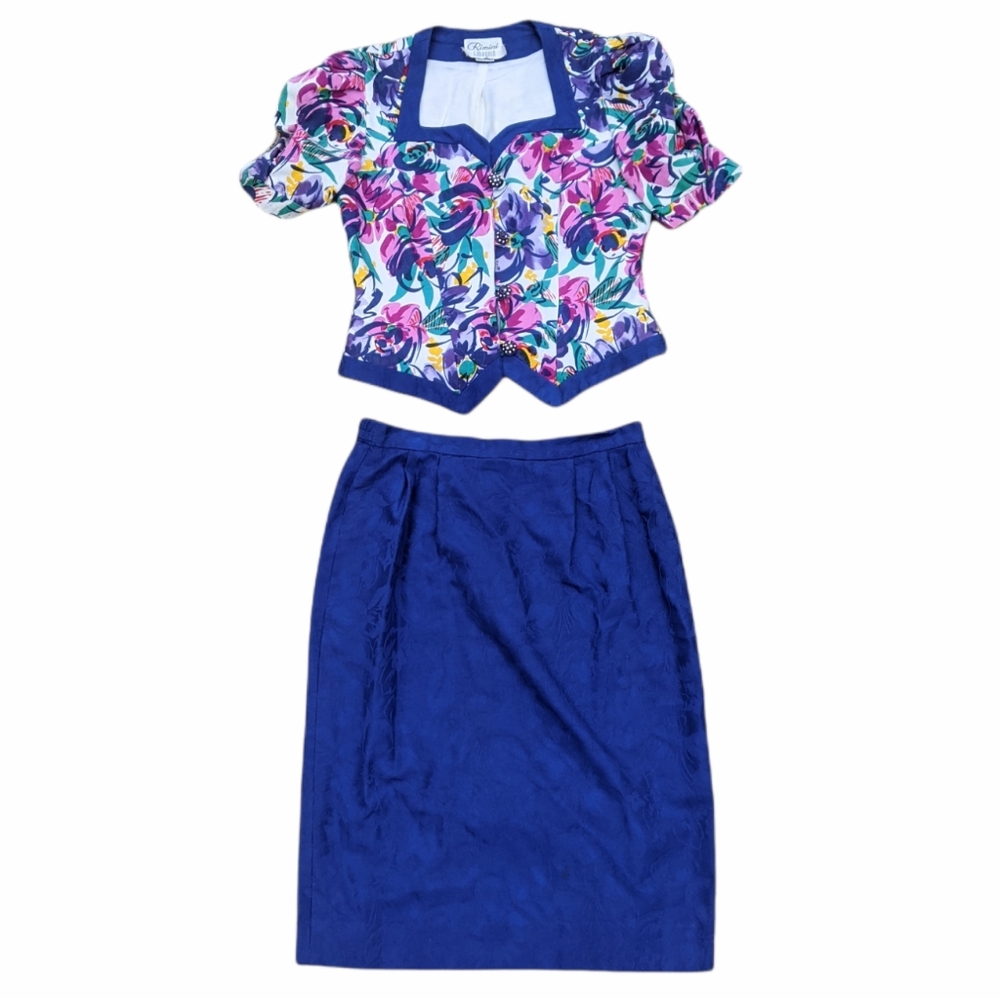Vintage Rimini Skirt Set Blue and Floral Short Sleeve Blazer 8